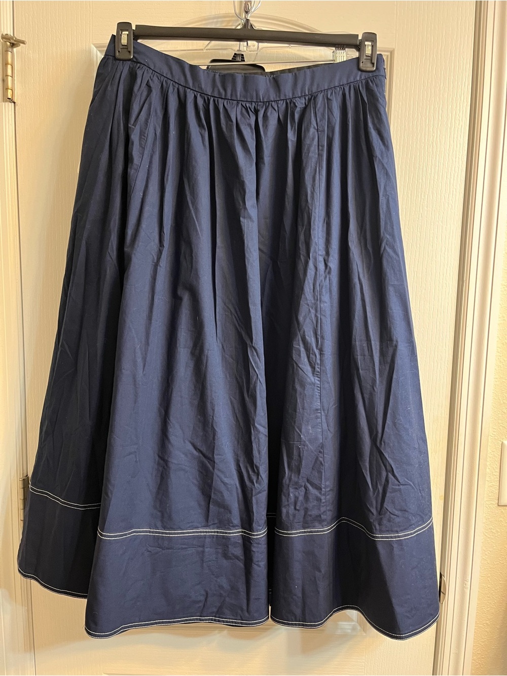 J. Crew Navy Full A-Line Midi Skirt with Contrast Hem Stitching Size 16
